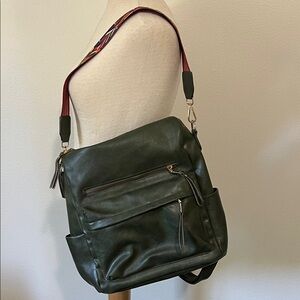 modern + chic Brielle Convertible Backpack in Green w/ Colorful Shoulder Strap.